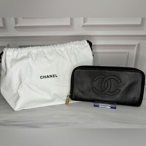 Chanel Black Caviar Leather Zip Around Long Wallet Gold CC Logo